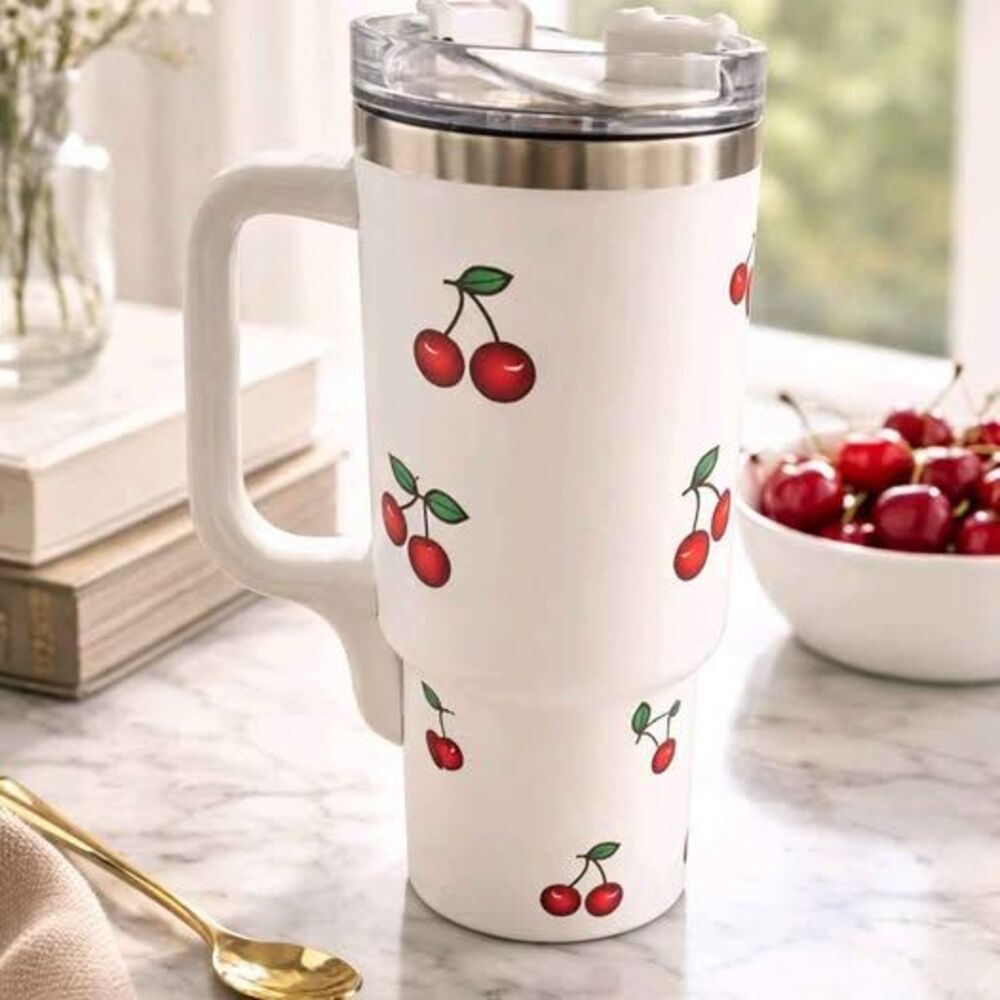KIEJOP 40 OZ White Cherry Print Tumbler with Handle